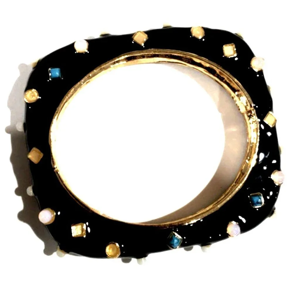 Gold tone Black Enamel Colorful Dainty Bangle Bracelet - Women's Fashion Jewelry